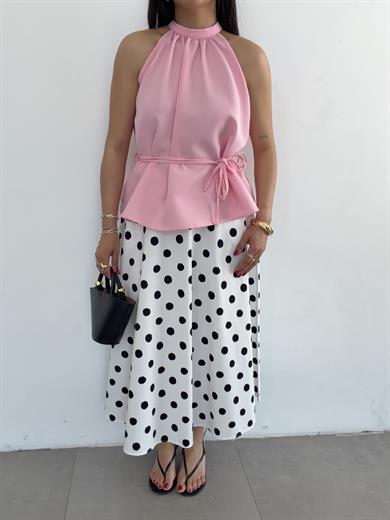 Pembe Halter Yaka Double Bluz