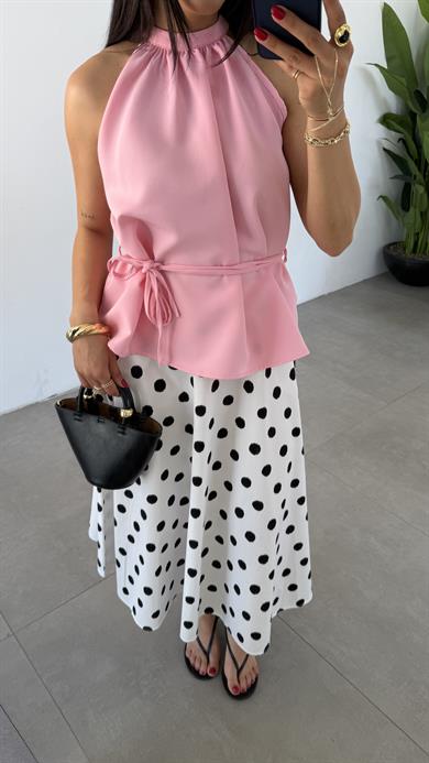 Pembe Halter Yaka Double Bluz
