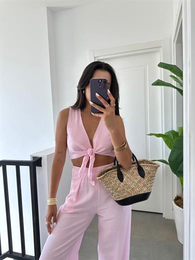 Pembe Ön Bağlamalı Crop Takım