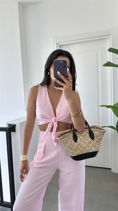 Pembe Ön Bağlamalı Crop Takım