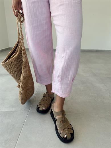 Pembe Paça Pilili Keten Pantolon