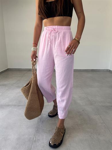 Pembe Paça Pilili Keten Pantolon