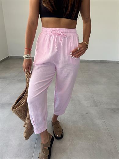 Pembe Paça Pilili Keten Pantolon