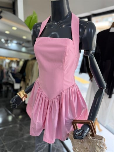 Pembe Poplin Kumaş Halter Yaka Elbise