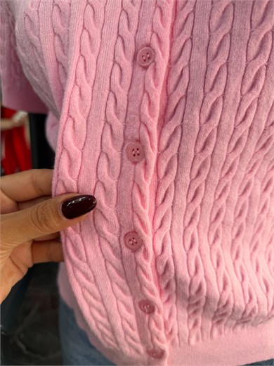 Pembe Saç Örgülü Kısa Kol Hırka