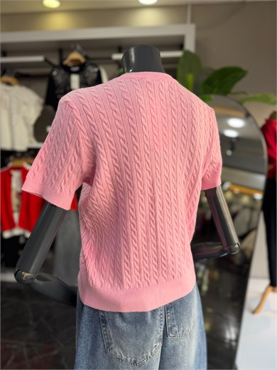 Pembe Saç Örgülü Kısa Kol Hırka