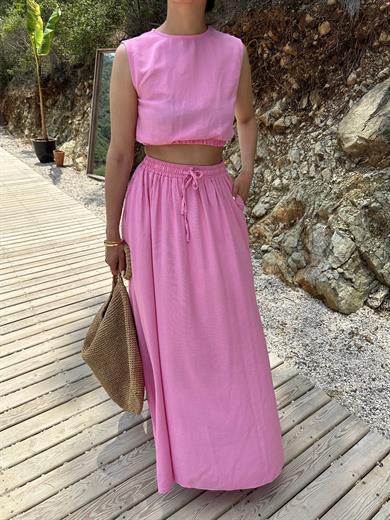 Pembe Uzun Etekli Lastikli Crop Takım