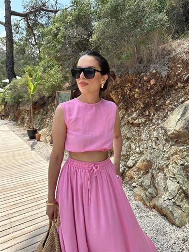 Pembe Uzun Etekli Lastikli Crop Takım