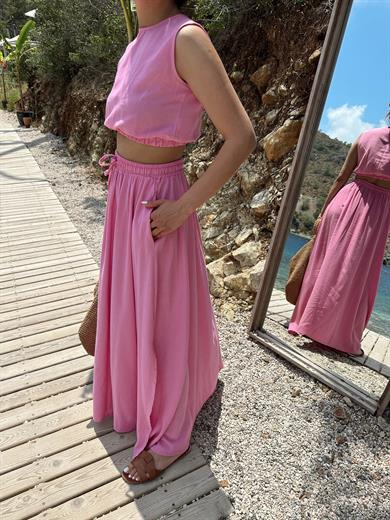 Pembe Uzun Etekli Lastikli Crop Takım