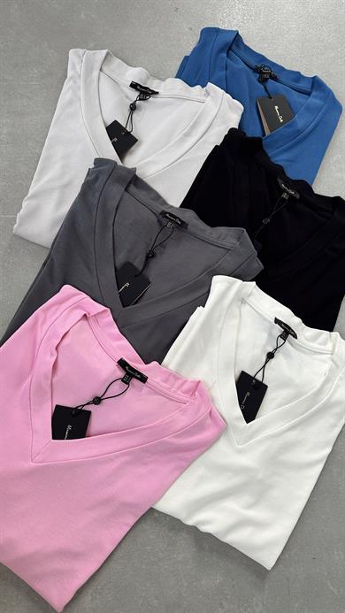 Pembe V Yaka  Basic Tişört