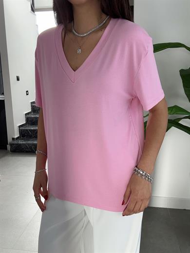 Pembe V Yaka  Basic Tişört