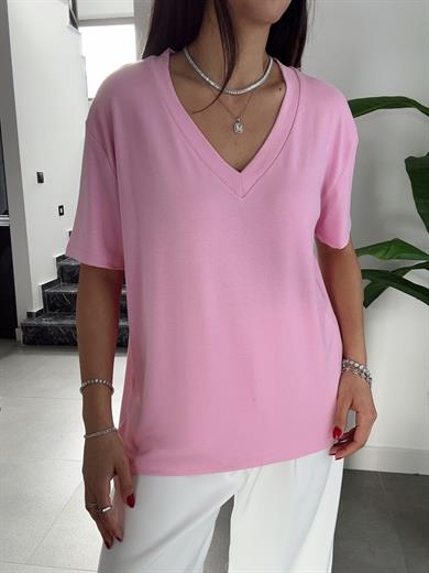 Pembe V Yaka  Basic Tişört