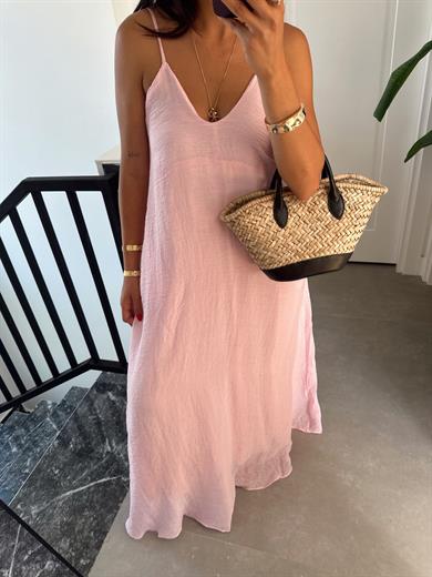 Pembe V Yaka İp Askılı Elbise