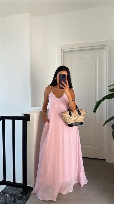 Pembe V Yaka İp Askılı Elbise