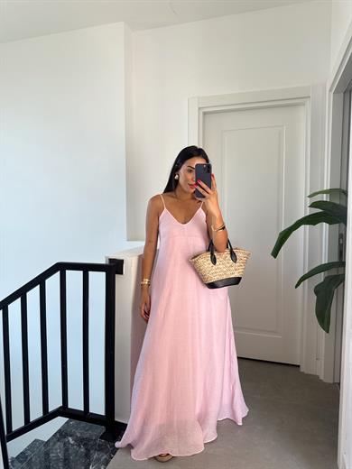 Pembe V Yaka İp Askılı Elbise
