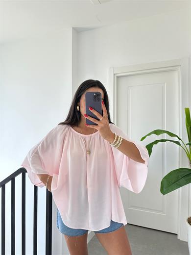 Pembe Yakası Lastikli Bluz