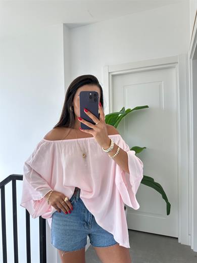 Pembe Yakası Lastikli Bluz
