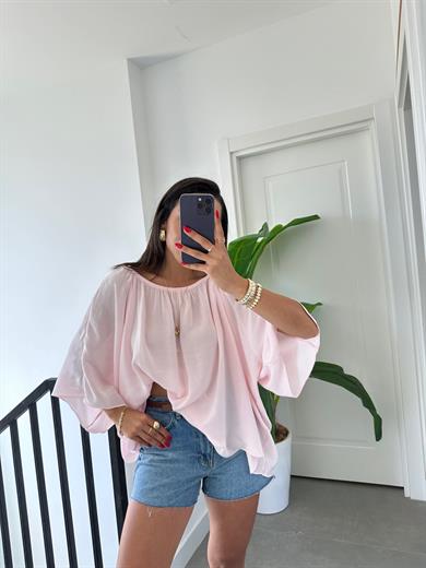 Pembe Yakası Lastikli Bluz