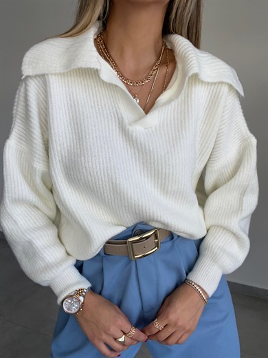 Polo Yaka Ekru Triko Kazak