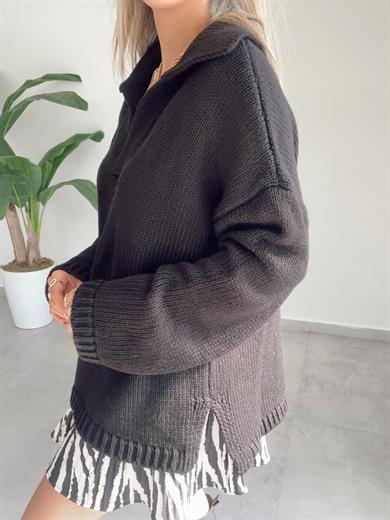Polo Yaka Oversize Siyah Triko Kazak