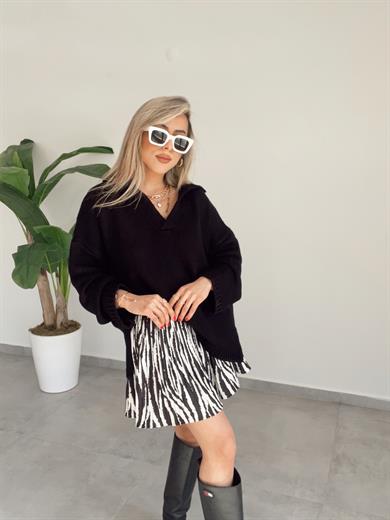 Polo Yaka Oversize Siyah Triko Kazak