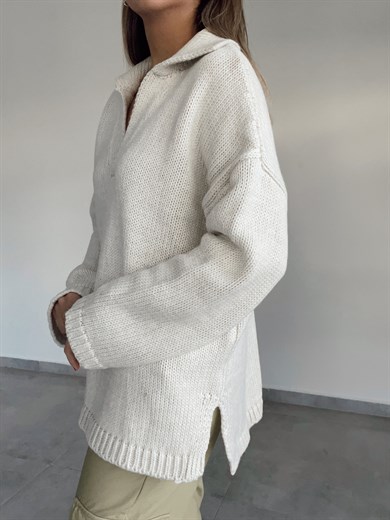 Polo Yaka Oversize Taş  Triko Kazak