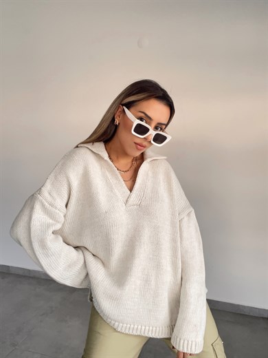 Polo Yaka Oversize Taş  Triko Kazak