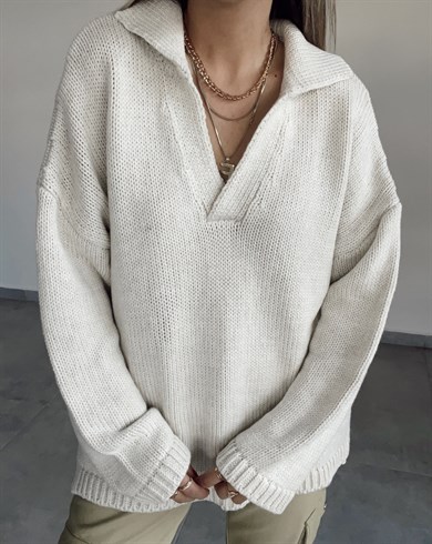 Polo Yaka Oversize Taş  Triko Kazak