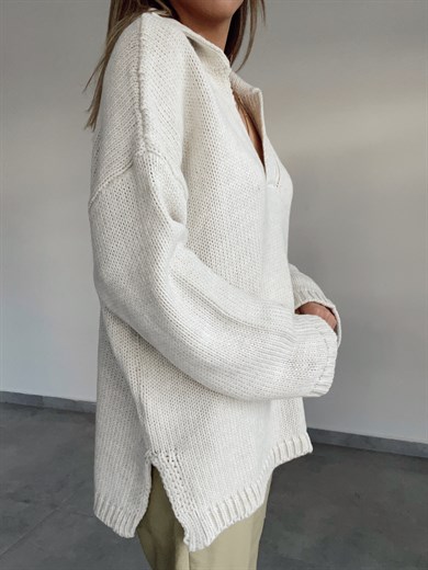 Polo Yaka Oversize Taş  Triko Kazak