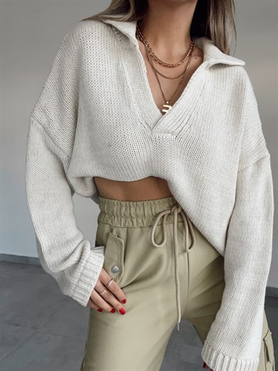 Polo Yaka Oversize Taş  Triko Kazak