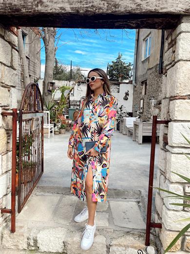 Renkli Desen Önden Düğmeli Elbise