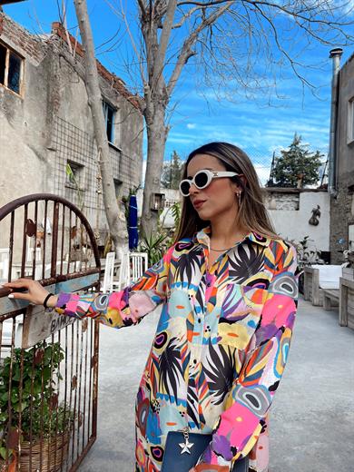 Renkli Desen Önden Düğmeli Elbise