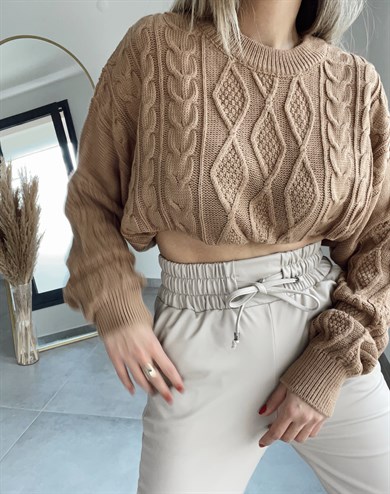 Saç Yürütme Örgülü  Camel Triko Kazak