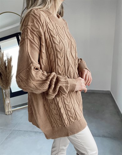 Saç Yürütme Örgülü  Camel Triko Kazak