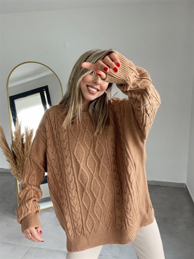 Saç Yürütme Örgülü  Camel Triko Kazak