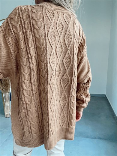 Saç Yürütme Örgülü  Camel Triko Kazak