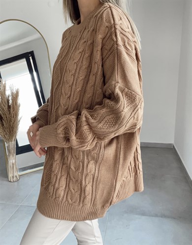 Saç Yürütme Örgülü  Camel Triko Kazak