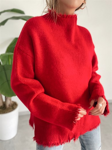 Saçaklı Kırmızı Triko Kazak