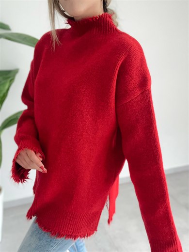 Saçaklı Kırmızı Triko Kazak