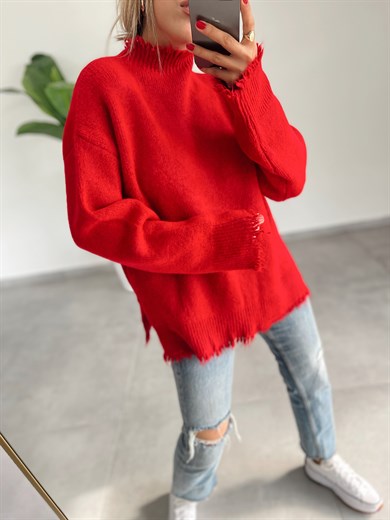 Saçaklı Kırmızı Triko Kazak