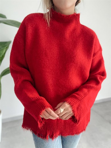 Saçaklı Kırmızı Triko Kazak