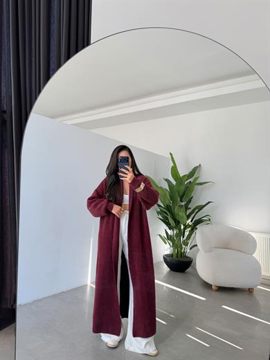 Sakallı Bordo Uzun Triko Hırka