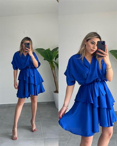 Saks Saten Fırfırlı Elbise