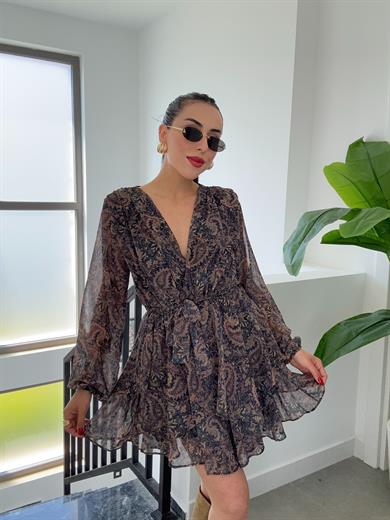 Şal Desen Derin V Yaka Şifon Elbise