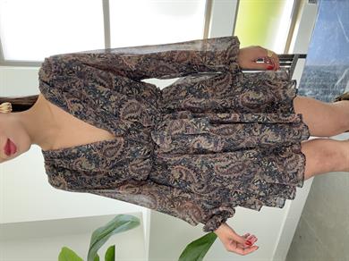 Şal Desen Derin V Yaka Şifon Elbise