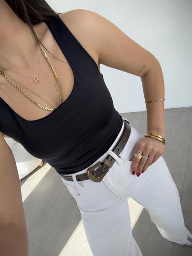 Sandy Siyah Kare Yaka Tulum Atlet