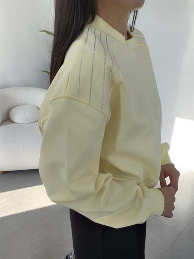 Sarı Bisiklet Yaka Omuz Taş Detaylı Sweat