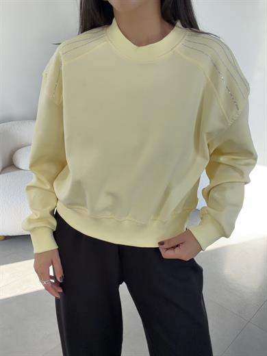 Sarı Bisiklet Yaka Omuz Taş Detaylı Sweat