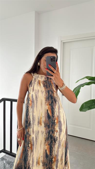 Sarı Düğme Detaylı Kraşlı Elbise