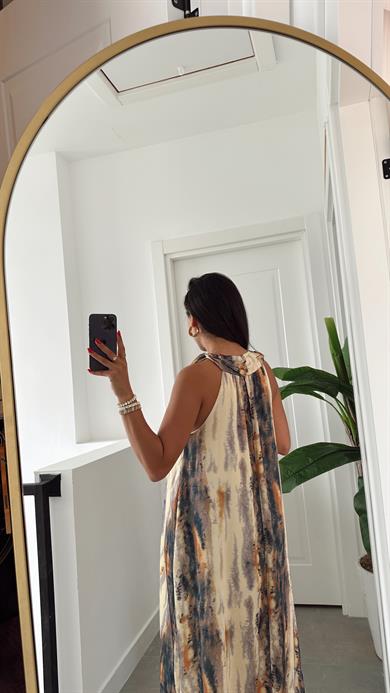 Sarı Düğme Detaylı Kraşlı Elbise